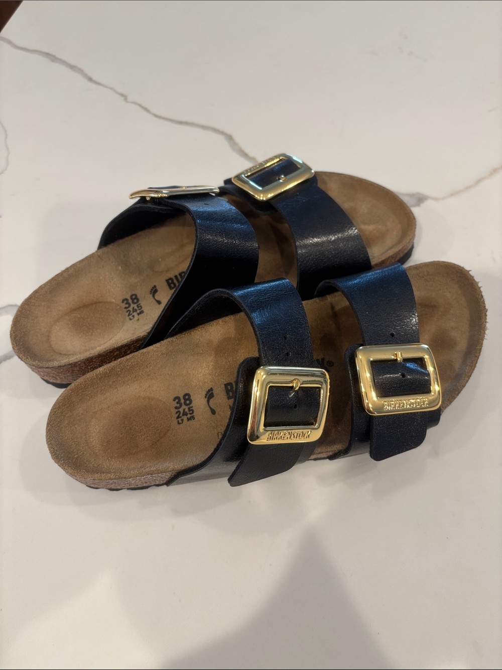 Birkenstock Arizona Black Sandals with Gold Buckles
